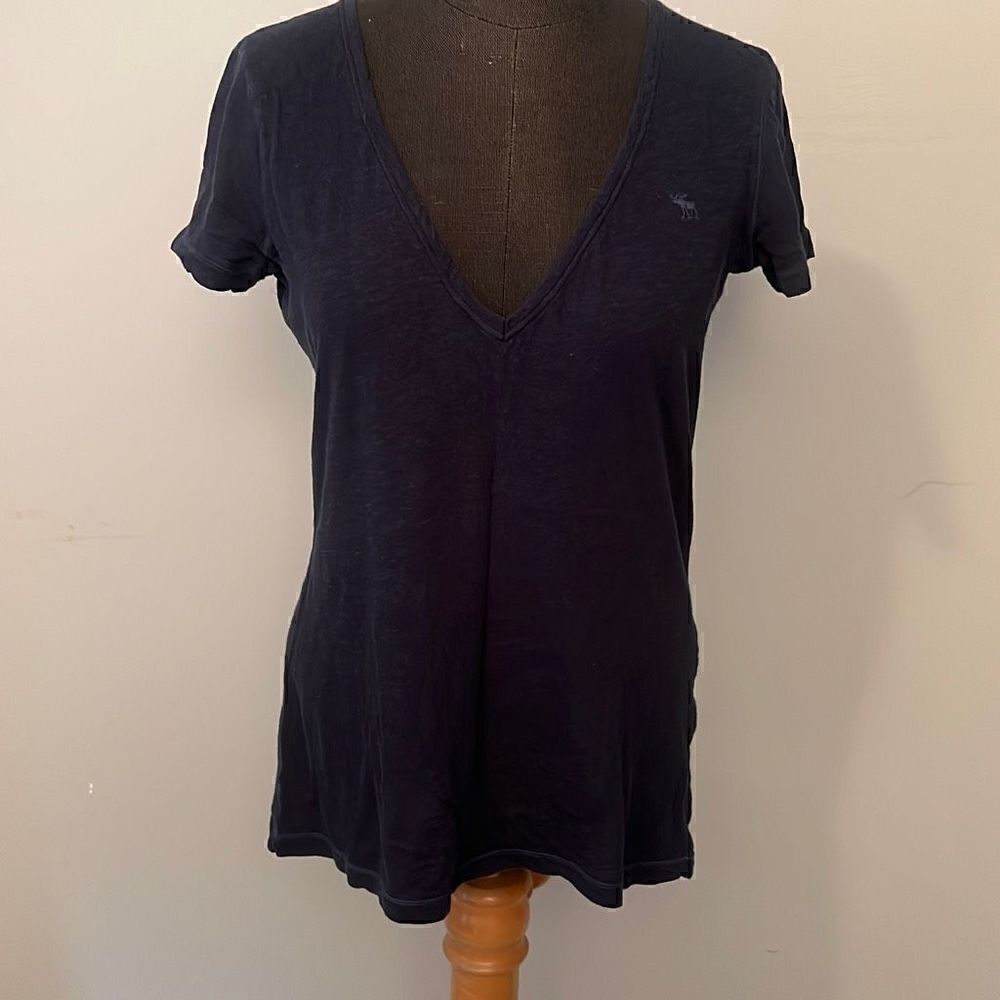 Abercrombie & Fitch Women's Navy Blue Cotton Plunging V Neck Shirt